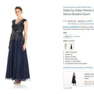 Aidan Mattox Cap Sleeve Beaded Evening Gown Blue